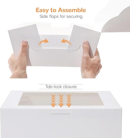 White Cake Boxes 10 Inch with Window， 4 Set Bakery Boxes with Cake Boards & Stickers, Tough Containers for Layer Cakes, Cupcakes, Desserts Food Safe Packaging（10x10x5 inch）