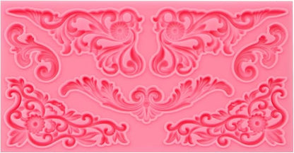 Vintage Curlicues Silicone Molds, Baroque Style Corner Relief Chocolate Molds, Filigree Scroll Flower Sculpted Cake Border Fondant Baking Molds for Cake Decoration Candy Clay Resin