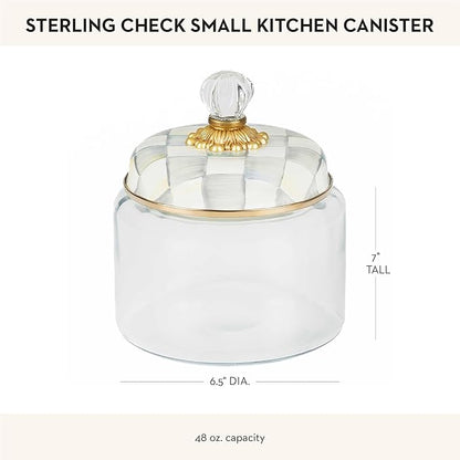 MACKENZIE-CHILDS Sterling Check Kitchen Canister, Decorative Gray-and-White Glass Storage Jar with Lid, Small