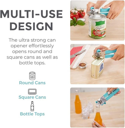 Kitchen Genie Heavy Duty Stainless Steel Manual Can Opener, Strong Blade for Smooth Edge Cuts, Open Cans Easily, Slip-Resistant Ergonomic Handle, Easy Turn Knob, Bottle Openers Included, Teal