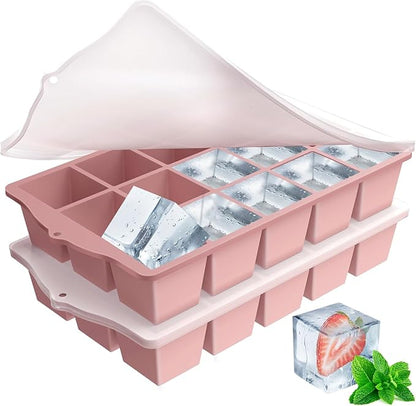 FANYITY Silicone Ice Cube Trays 2-Pack with Locks lids,Easy Release Ice Molds for Freezer,Perfect for Cocktails, Whiskey, Coffee