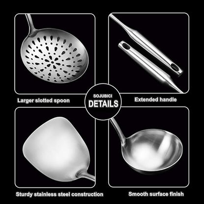 304 Stainless Steel Cooking Utensil Set 4-Piece Kitchen Utensils with Extra-Long Handles, Spatula,Ladle,Slotted Spoon,Slotted Spatula,One-Piece Construction, Ideal for Wok, Grilling, and Gifting