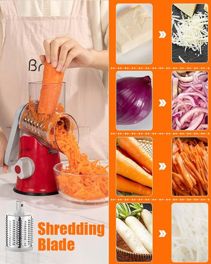 Brigii Rotary Cheese Grater Hand Crank, Cheese Shredder with 3 Drum Blades, Mandoline Slicer, Food Chopper for Hard Cheese, Vegetable, Nuts, Potato