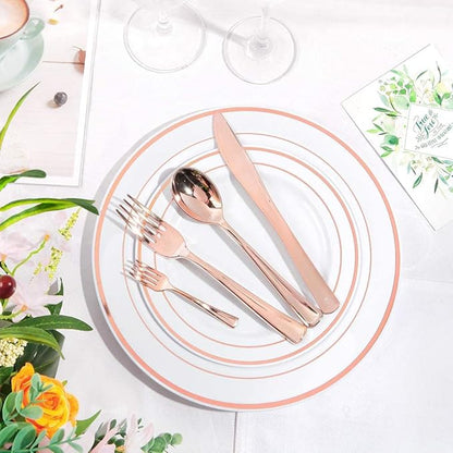 WDF 300 Pieces Rose Gold Plastic Silverware- Disposable Flatware Set - Heavy Duty Plastic Cutlery Includes 100 Forks, 100 Spoons, 100 Knives Perfect for Wedding, Party