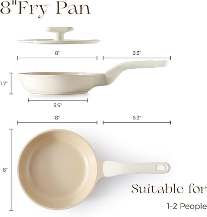 PRICUSIS Nonstick Ceramic Frying Pan with Lid, 8/10 Inch Skillet with Stay Cool Handle, Fully Coated, 100% Dishwasher Safe, Oven Safe, PTFE PFAS & PFOA Free (8 Inch, Coconut White