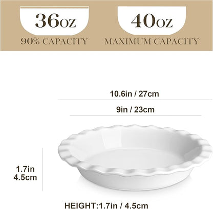 MALACASA Ceramic Pie Pan Set of 2, 9 inch, 40 oz Round Pie Dishes with Fluted Edges, Non Stick, For Quiche, Apple Pies, Pot Pies & More
