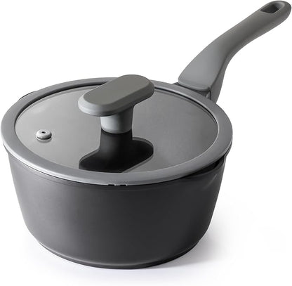 PRICUSIS Nonstick Saucepan with Lid, 2 Quart Non Toxic Pot with Pour Spouts, Full Coated, 100% Dishwasher Safe, Induction Compatible & Oven Safe, PTFE & PFOA Free, Black Sesame