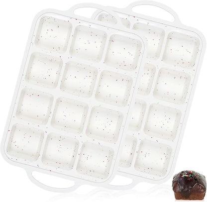 Vinino Silicone Brownie Pan With Dividers, 2 Pack Mini Loaf Pan for Baking Individual, Nonstick 12 Cups Square Muffin Cupcake Pans with Metal Reinforced Frame-Cream
