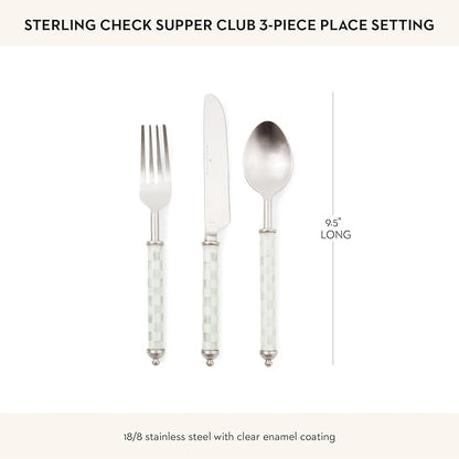 MACKENZIE-CHILDS Supper Club 3-Piece Place Setting, Fork, Spoon, and Knife Dinner Flatware Set, Gray-and-White Sterling Check