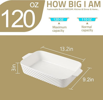 Sweejar Ceramic 13 x 9 Baking Pan, Cake Baking Dish for Brownie, Porcelain Striped Casserole Dishes for Oven with Handle for Lasagna, Family Dinner(White)