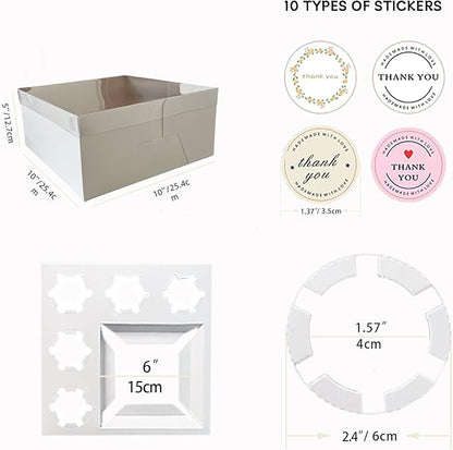 Bento Cake and Cupcake Box 10 sets 6-inch Cake and 5 Cupcakes Box Cake Box with Cupcake Insert Easy to Assemble Base for Family Birthday Party Mother's day (10 sets with cupcake), white