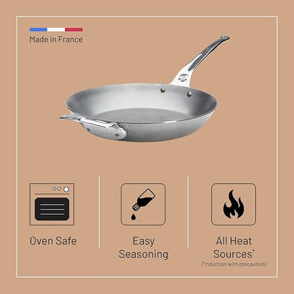 De Buyer MINERAL B Pro Carbon Steel Country Fry Pan with Helper Handle - 12.5” Diameter, 9” Cooking Surface - Ideal for Sauteing, Simmering, Frying - PFAS, PFOA, PFOS Free - Made in France