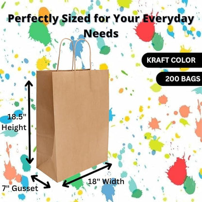 ASSUREPAK DIY Paper Bags - 200 units - Kraft Color - 18"x7"x18.5" - 74LB (110 GSM strong) - Twisted Handle Recyclable Bags for Kids Drawing, Decorating and Creative Projects - 18719NKPAPTHDL