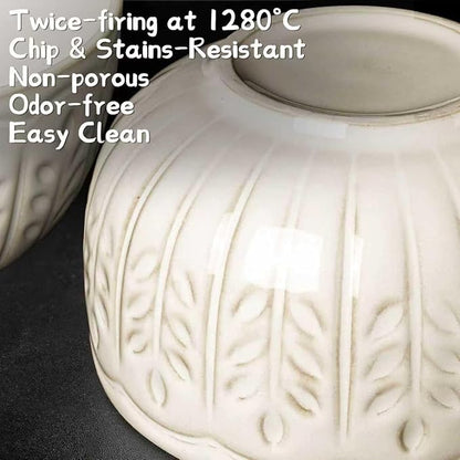 Artena Small Bowls Set of 4, 12 oz Ceramic Embossment Dessert Bowls, white Bowl for Kitchen, Ice Cream, Side Dishes, Rice, Cereal, Fruit, 4.5 Inch, Microwave & Dishwasher Safe, Wheat Leaf