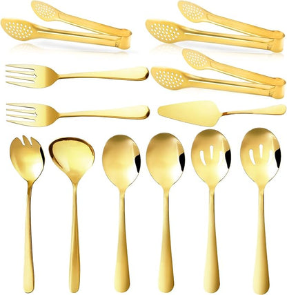 XEVOM Gold Serving Utensils Set, 12 Pack Polished Stainless Steel, Includes Spoons, Forks, Tongs, Ladle, Cake Server (Gold)