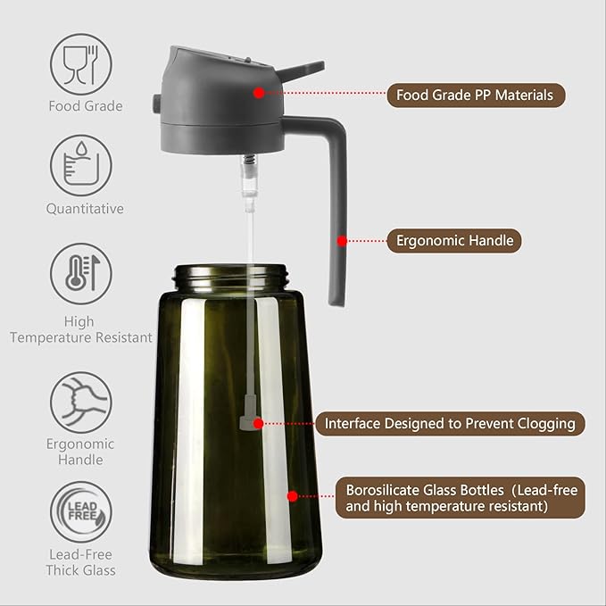 Olive Oil Dispenser and Oil Sprayer – 16oz/470ml Glass Light-Proof Oil Pourer for Kitchen, Air Fryer, Cooking, Salad, and BBQ