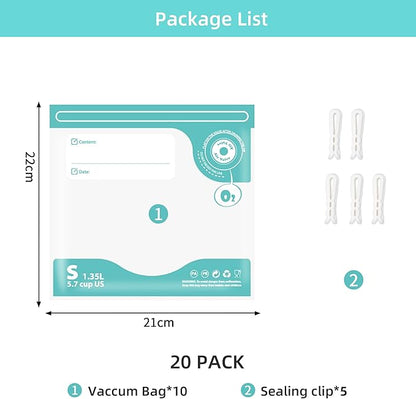 24PCS Sous Vide Bags Reusable, BPA Free Food Vacuum Sealer Bags, Thickened bag with a New Look, Vacuum Zipper Bags for Sous Vide Cooking, 20pcs food storage bags & 4 Seal Clips (8.2x 8.6 Inch))