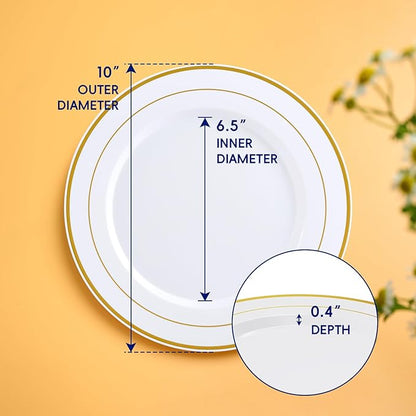 JOLLY CHEF 200 Pieces Gold Plastic Plates, 10 Inch Elegan Disposable Plates White Plate with Gold Rim,Plastic Plates for Thanksgiving、Birthdays and Weddings