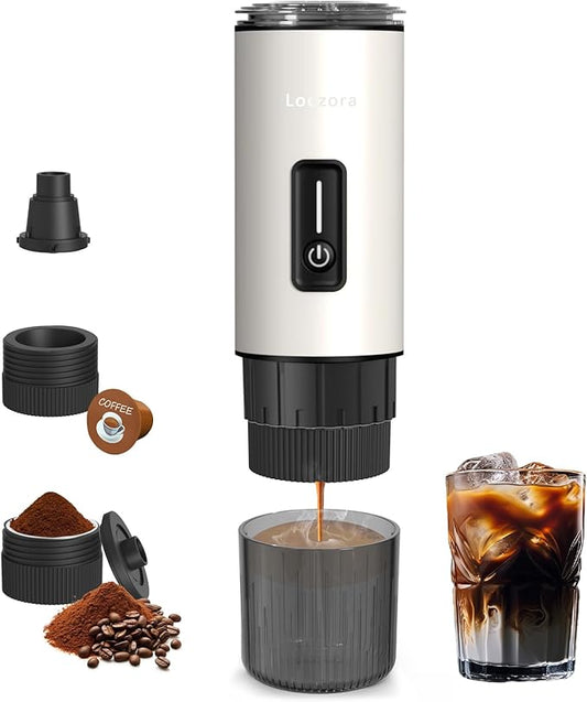 Leozora 20Bar Portable Espresso Machine, 7500mAh USB-C Rechargeable, 3-in-1 for Ground Coffee & Nespresso/DG Capsules, Stainless Steel Travel Coffee Machine for Camping, Car, Office，White