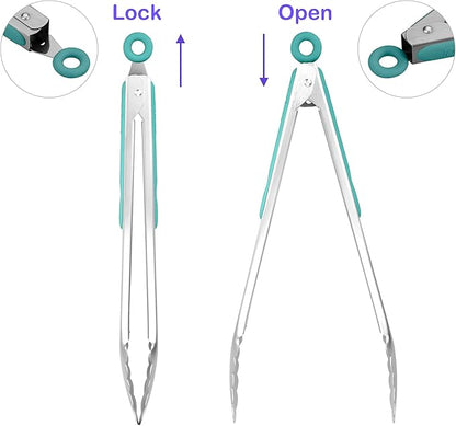 304 Stainless Steel Kitchen Cooking Tongs, 12" and 14" Set of 2 Sturdy Grilling Barbeque Brushed Locking Food Tongs with Ergonomic Grip, Aqua Sky