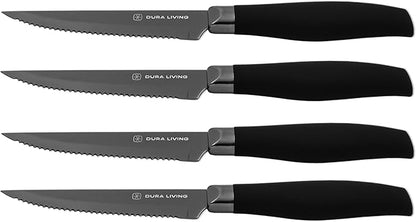 DURA LIVING Steak Knives, Steak Knives Set of 4, Nonstick Titanium High Carbon Stainless Steel Serrated Steak Knife, Soft Grip Handle, With Sheaths, Black Knife Set