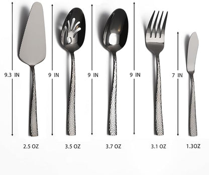 Large Hostess Serving Utensils Set, Stainless Steel Heavy Duty Hammered Serving spoons, Slotted Spoons, Serving Fork, Cake Server, Butter Knife, Dishwasher Safe（Black）