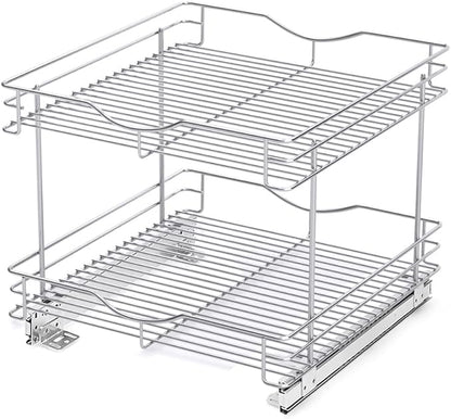 FULGENTE Chrome Finish 2 Tier (17" W X 18" D) Pull Out Drawer Cabinet Organizer Heavy Duty Slide Out Pantry Shelves Sliding Basket Storage For Home Kitchen Bathroom Under Sink Organization