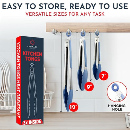 Kitchen Tongs for Cooking with Silicone Tips, Heat Resistant Tongs for Serving Food, 7-Inch, 9-Inch, 12-Inch Locking Silicone Tong, Set of 3 Salad Tong, Blue Kitchen Utensils