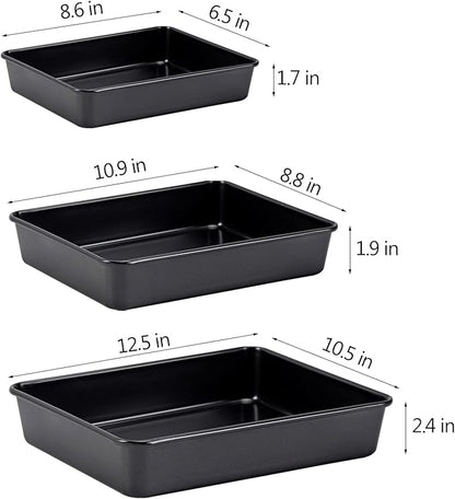 Nonstick Roasting Pan, Deep Baking Pan Set, Large Cake Pan Sets for Oven, 3-Piece Brownie Pan （Black）