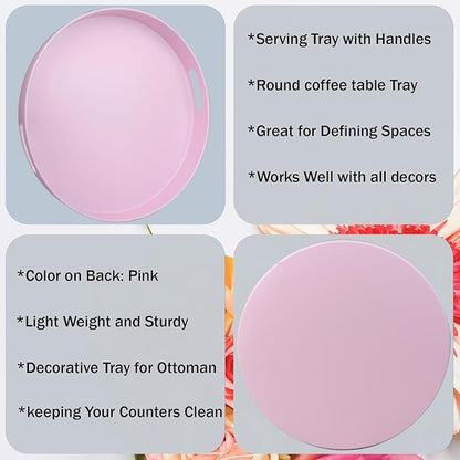 Round Pink Decorative Serving Tray with Handles, 13” Versatile Ottoman Tray for Coffee Table, Entertaining, Outdoor Patio, Living Room