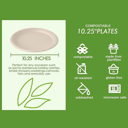 Vplus 500 Pack Compostable Disposable Paper Plates 10.25 inch Super Strong Paper Plates 100% Bagasse Natural Biodegradable Eco-Friendly Sugarcane (nature)