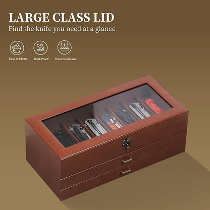 AUTOARK 3-Tier PU Leather & Velvet Knife Organizer with 26 Slots,Transparent Glass Top & Drawer,Compact Storage for Pocket Knives,Ideal for Men's Collections & Gifts,Coffee,MKAW013