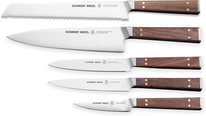 Brass and Walnut 6-piece Knife Block Set, High-Carbon German Stainless Steel Multipurpose Kitchen Cutlery with Midtown Storage Block