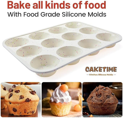 Silicone Muffin Pan, Metal Reinforced Frame Cupcake Pan 12 Cups Regular Size Easy to Move in or Out of Oven Non-Stick (2)