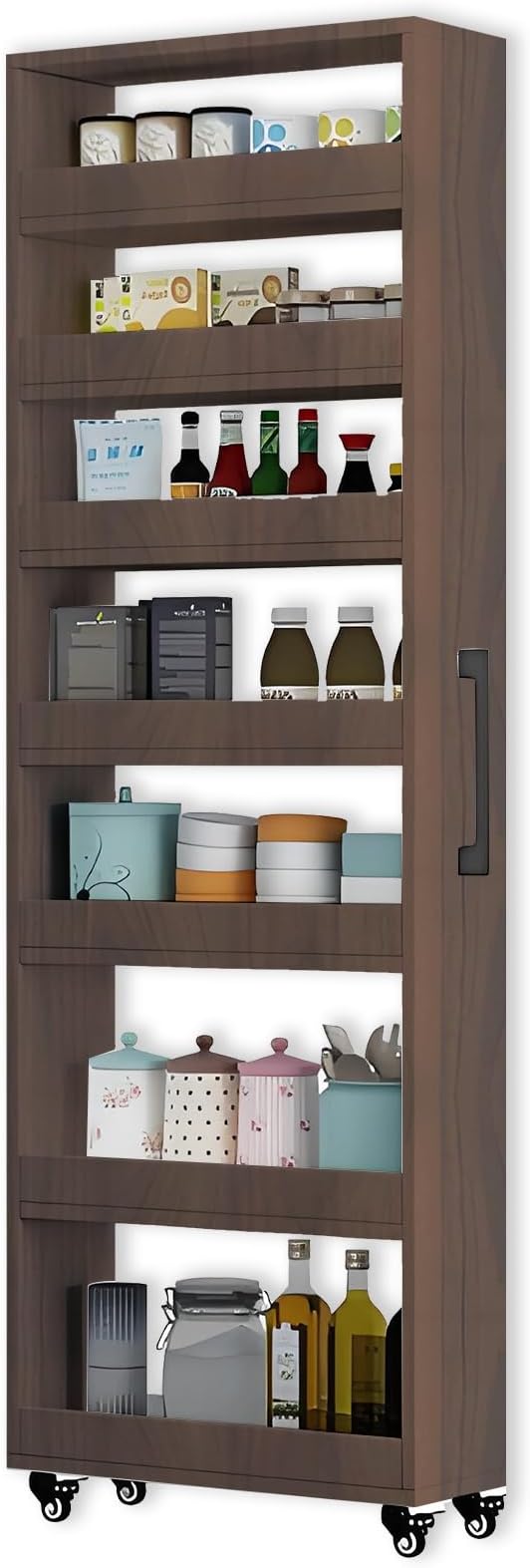 7-Tier Slim Storage Cart, Wooden Rolling Pantry Cabinet with Wheels, Narrow Shelf Organizer for Kitchen, Bakers Rack, Dining Room, Closet, Small Spaces Gray 47.2" H*9.8" W*23.6" D