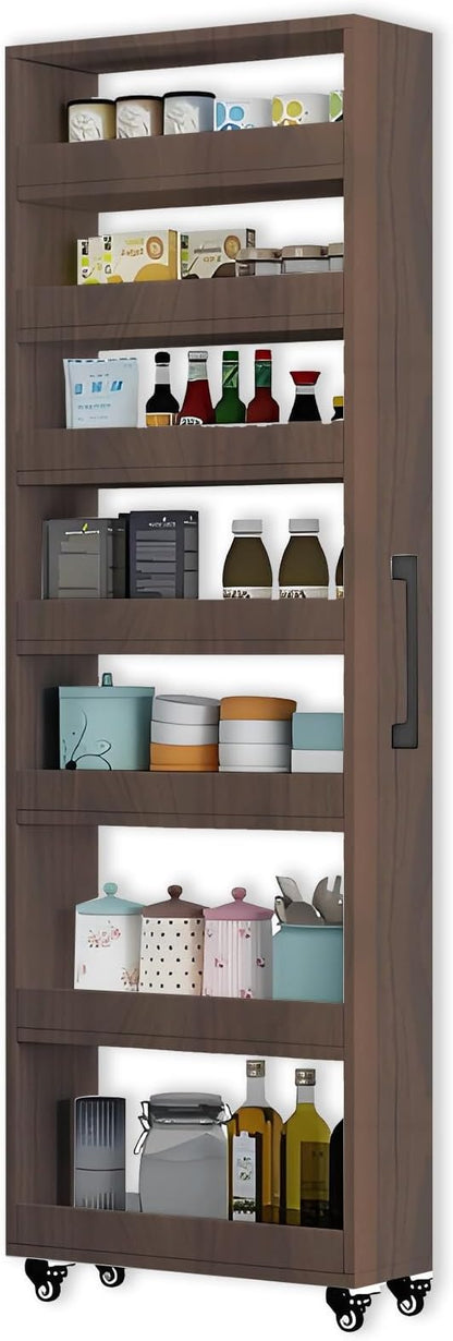 7-Tier Slim Storage Cart, Wooden Rolling Pantry Cabinet with Wheels, Narrow Shelf Organizer for Kitchen, Bakers Rack, Dining Room, Closet, Small Spaces Teak 47.2" H*9.8" W*23.6" D