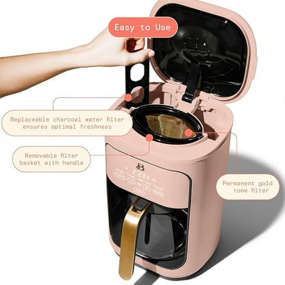 Beautiful 14 Cup Programmable Coffee Maker, Touch Display, 1200W, Brew Strength Control, Keep Warm, Pause & Serve, Glass Carafe, Reusable Filter, Auto Shut-Off (Rose)