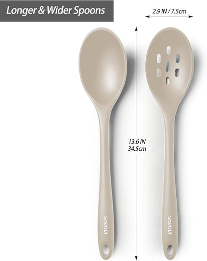 Silicone Slotted Spoons for Cooking - Extra Large Kitchen Spoons for Mixing, Serving, & Stirring - 600°F Heat-Resistant Non Stick Utensils Skimmer- Dishwasher Safe, Khaki