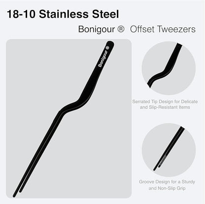 8 Inch Precision Offset Tweezers, Kitchen Culinary Stainless Steel Tongs, Curved Kitchen Cooking Multi-function Chef Precision Tweezer Tongs for Plating, Food Decorating and ect (Black)