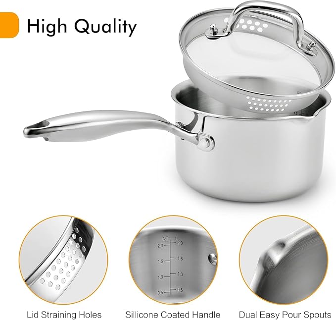 Tri-Ply Stainless Steel Sauce Pan with Steamer Basket & Straining Glass Lid — Heavy-Duty, Thick Base,Rust-Resistant,Warp-Free —100% Food-Grade —Built to Last– Works with All Stovetops, Pasta Pot 2 QT