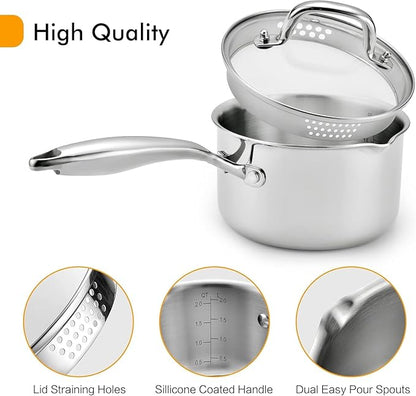 Tri-Ply Stainless Steel Sauce Pan with Steamer Basket & Straining Glass Lid — Heavy-Duty, Thick Base,Rust-Resistant,Warp-Free —100% Food-Grade —Built to Last– Works with All Stovetops, Pasta Pot 2 QT