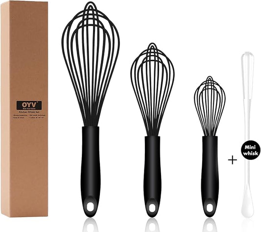 Dishwasher Safe Silicone Whisk, Sealed Waterproof Design Set of 3, Professional Kitchen Whisks for Cooking Non-Scratch, Silicone & Stainless Steel Whisk, Heat Resistant Balloon Egg Beater, Black