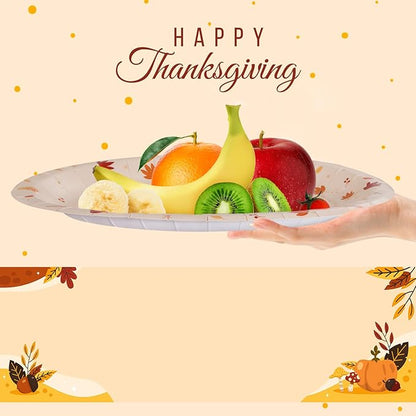 WDF 50Pack Thanksgiving Oval Plates Paper - 10" x 12" Happy Thanksgiving Plates Disposable Dinner Autumn Fall Harvest Party Supply - Turkey Thankful Pattern