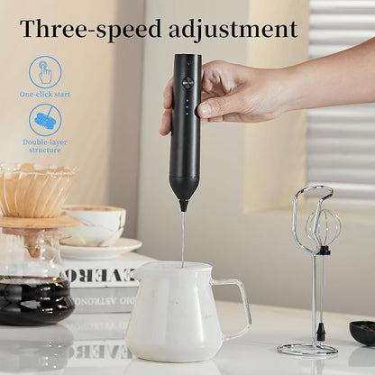 Rechargeable Milk Frother Set by ELMWAY, Electric Drink Blender with Wand and Egg Whisk, Foam Maker Mixer, Milk Frother Handled for Coffee, Latte, Matcha, Protein Powder (Black with Stand)