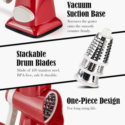 Cheese Grater Hand Crank Rotating Cheese Shredder Stainless Steel Vegetable Slicer Grater for Kitchen 3 Blades for Cheese, Carrot, Cucumber, Nuts, Chocolate, Red