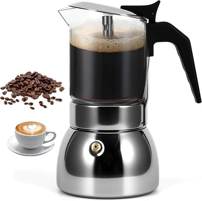 Stovetop Espresso Maker, 6Cup 300ML Stainless Steel Stovetop Italian Coffee Maker Transparent Glass Moka Pot, Coffee Maker Mocha Pot for Home Cafe Outdoor Office