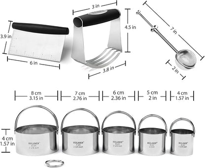 HULISEN Stainless Steel Biscuit Cutter Set, Flour Duster, Pastry Scraper and Dough Blender, Sturdy & Long-Lasting with Ergonomic Rubber Grip, Professional Baking Dough Tools, Gift Package (4 Pcs/Set)