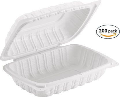TIYA Clamshell Food Containers - White Bulk 200 Pack, 9x6 in - BPA-Free Plastic To-Go Containers - Reusable, Microwavable, Hinged, Tall Takeout Clamshells - Great for Meal Prep