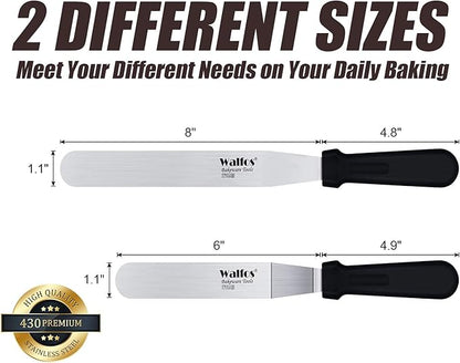 Walfos Icing Spatula, Stainless Steel Cake Spatula with Sturdy and Durable Handle Cake Decorating Spatula - Multi purpose Use for Home, Kitchen or Bakery (6” Angled + 8" Straight)…