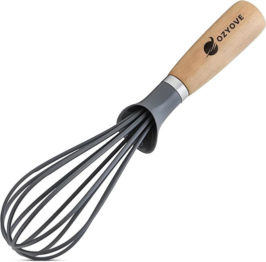 Modern Kitchen Whisk with Wooden Handle, Gray Silicone Wires, Professional Balloon Style for Mixing, Blending, Cooking, Utensil for Whisking Beating Frothing